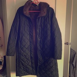 Quilted green trench puffer with hood